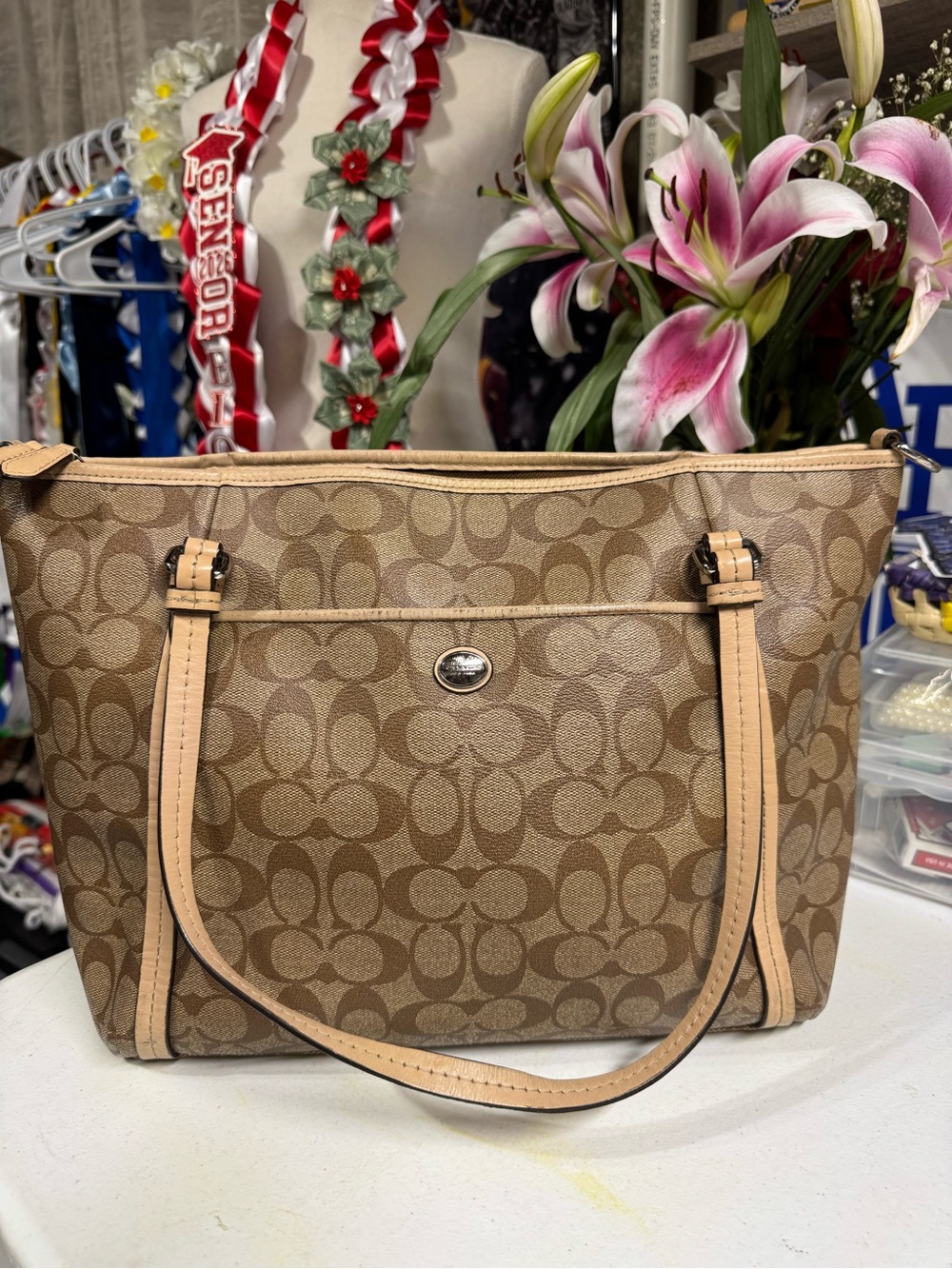 Coach Signature Canvas Shoulder Tote in Beige and Light Tan